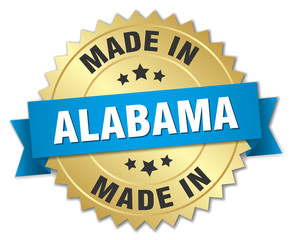 made in Alabama gold badge with blue ribbon