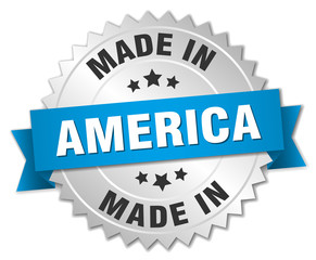made in America silver badge with blue ribbon