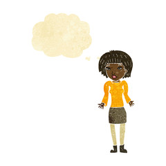 cartoon woman shrugging shoulders with thought bubble