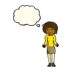 cartoon woman shrugging shoulders with thought bubble