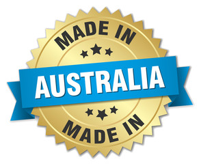 made in Australia gold badge with blue ribbon