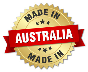made in Australia gold badge with red ribbon