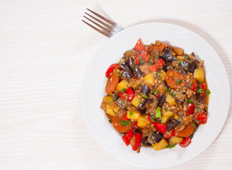 stewed vegetables. eggplant, peppers, onions, carrots, potatoes.