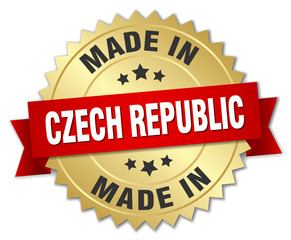 made in Czech Republic gold badge with red ribbon