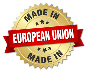 made in european union gold badge with red ribbon