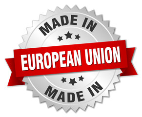 made in european union silver badge with red ribbon
