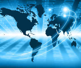 World map on a technological background, glowing lines symbols