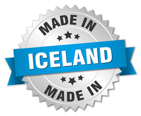 made in Iceland silver badge with blue ribbon