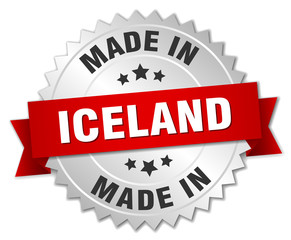 made in Iceland silver badge with red ribbon