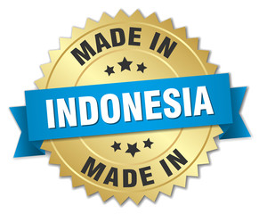 made in Indonesia gold badge with blue ribbon