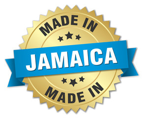 made in Jamaica gold badge with blue ribbon