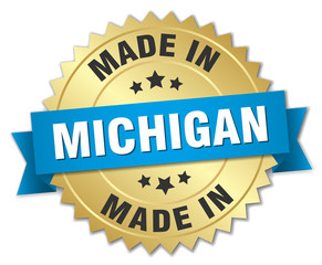 made in Michigan gold badge with blue ribbon