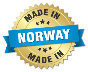 made in Norway gold badge with blue ribbon