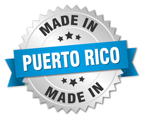 made in Puerto Rico silver badge with blue ribbon