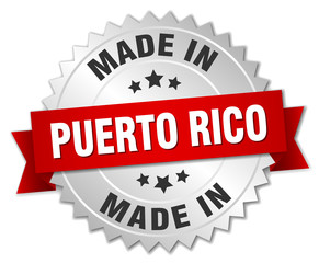 made in Puerto Rico silver badge with red ribbon