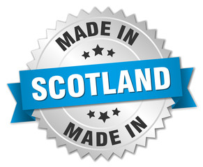 made in Scotland silver badge with blue ribbon