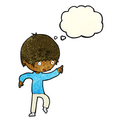 Obraz na płótnie Canvas cartoon worried boy pointing with thought bubble