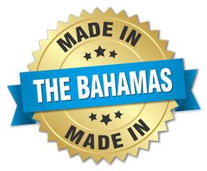 made in The Bahamas gold badge with blue ribbon