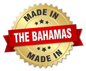 made in The Bahamas gold badge with red ribbon