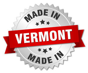 made in Vermont silver badge with red ribbon