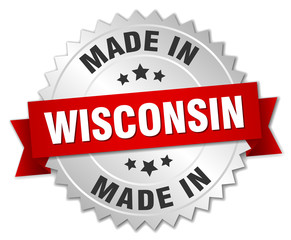 made in Wisconsin silver badge with red ribbon