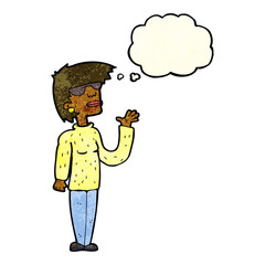 cartoon woman wearing spectacles with thought bubble