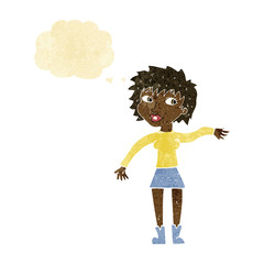 cartoon friendly woman waving with thought bubble