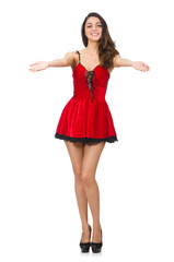 Woman wearing short mini red dress isolated on white