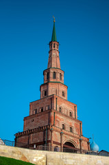 Fototapeta na wymiar Soyembika leaning tower (Khans mosque, circa 1690) UNESCO World Heritage Site. The most familiar landmark in Kazan. Tatarstan, Russia.