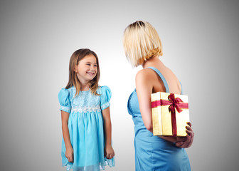 Happy mom and daughter on white