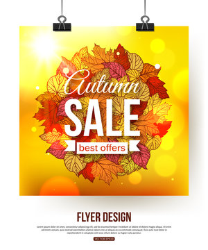 Autumn sale flyer with shining foliage.  Autumn sale, autumn
