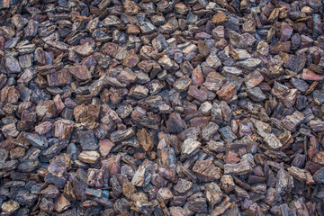 Tree bark mulch. Shredded brown tree bark for decoration and mulching. Background texture closeup