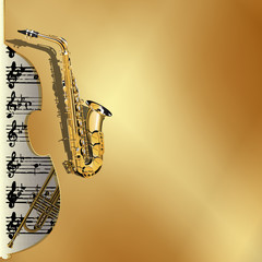 Naklejka premium Vector illustration of musical background in gold style. Metal gold background with a cutout of a violin or a saxophone Contrabass with gold leaf and music with a trumpet in the background.