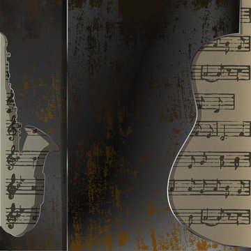 Vector illustration rusty metallic background with a cutout in the form of acoustic guitar and saxophone, in the background musical sheets. It can be used as a billboard or separately with any text.