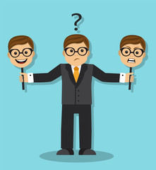 The businessman does not know how to react, and holds good and evil mask.