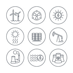 Power, energy production, energetics, electric industry, line icons in circles, vector illustration