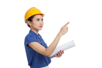 Asian engineer woman pointing with blueprints