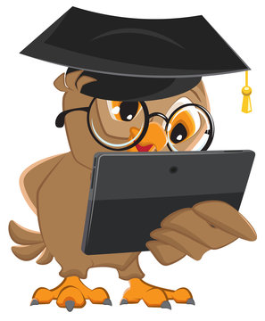 Owl teacher holds tablet computer