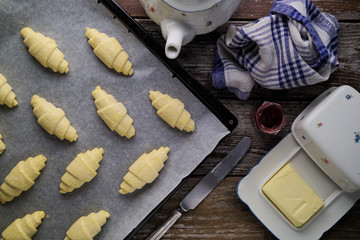Ready to bake puff pastry butter croissants in rustic setting