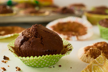 Freshly baked homemade chocolate muffin cupcake in green paper c
