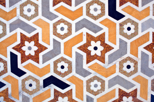 Details of marble surface with stone inlay at Baby Taj in Agra, India