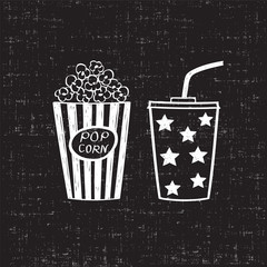 Popcorn and drink, isolated vector illustration. Cinema icons doodle 