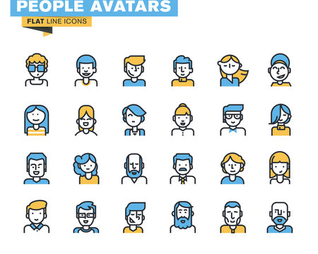 Flat line icons set of people stylish avatars for profile page, social network, social media, different age man and woman characters, professional human occupation.
