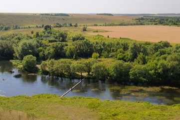 Zusha river with green trees, green meadow and yellow fields see