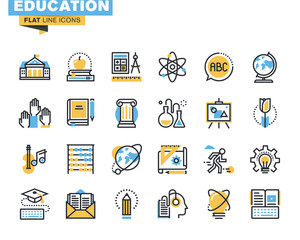 Flat line icons set of education process, online learning, e-book, webinar audio course, distance education, basic and elementary study, science, creative process, university and courses.