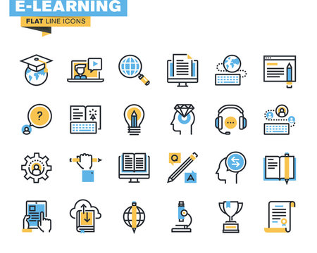 Flat line icons set of e-learning, distance education, online training and courses, cloud solutions for education, video tutorials, staff training, digital library, knowledge for all.