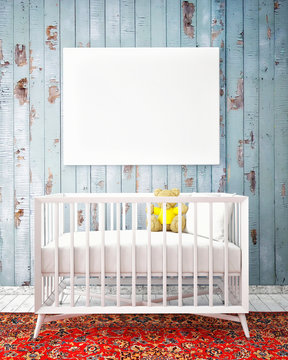 baby bed with mock up poster, hipster design, 3d illustration