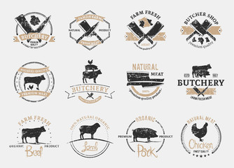 Butchery Logos, Labels, and Design Elements. Farm Animals Silhouettes and Icons