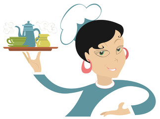 Pretty woman waiter carries a tray with coffee, cream and cap