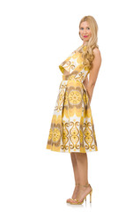 Pretty girl in yellow floral dress isolated on white
